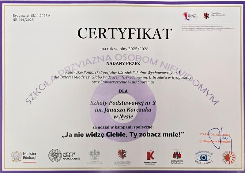 Zdjęcie ukazujące otrzymany certyfikat za udział w kampanii "Ja nie widzę Ciebie, Ty zobacz mnie".