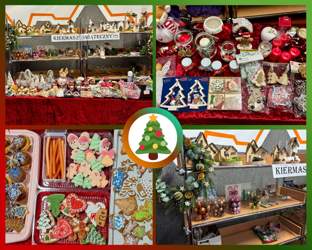 Kolaż zdjęć przedstawiający Bożonarodzeniowy kiermasz świąteczny.