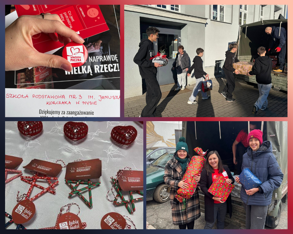 Kolaż zdjęć przedstawiający społeczność SP3 Nysa zaangażowaną w Szlachetną Paczkę.