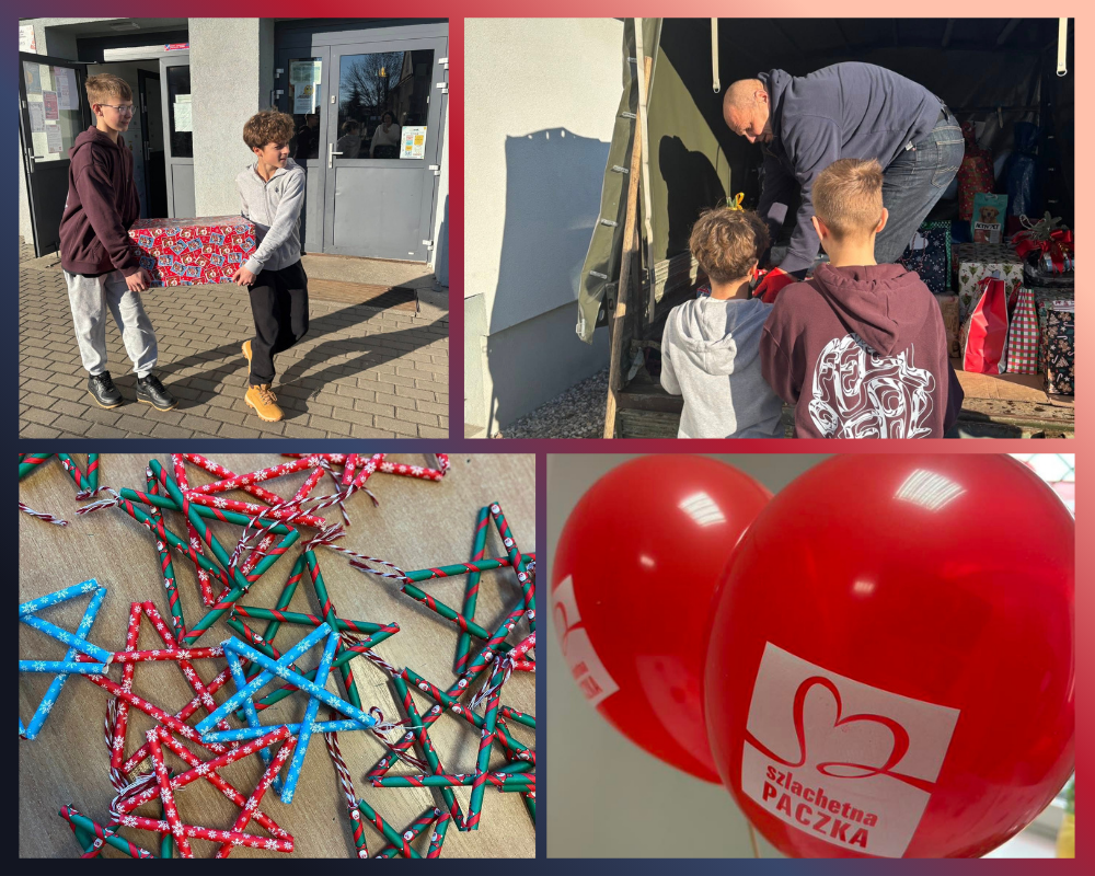 Kolaż zdjęć przedstawiający społeczność SP3 Nysa zaangażowaną w Szlachetną Paczkę.