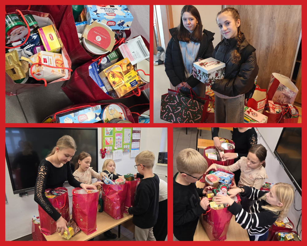 Kolaż zdjęć przedstawiający przedstawicieli Szkolnego Koła Wolontariatu oraz Szkolnego Koła PCK ze świąteczną wizytą w nyskim hospicjum.