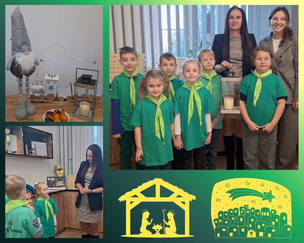 Kolaż zdjęć przedstawiający zuchów z naszej szkoły przekazujących Betlejemskie Światło Pokoju pani dyrektor.