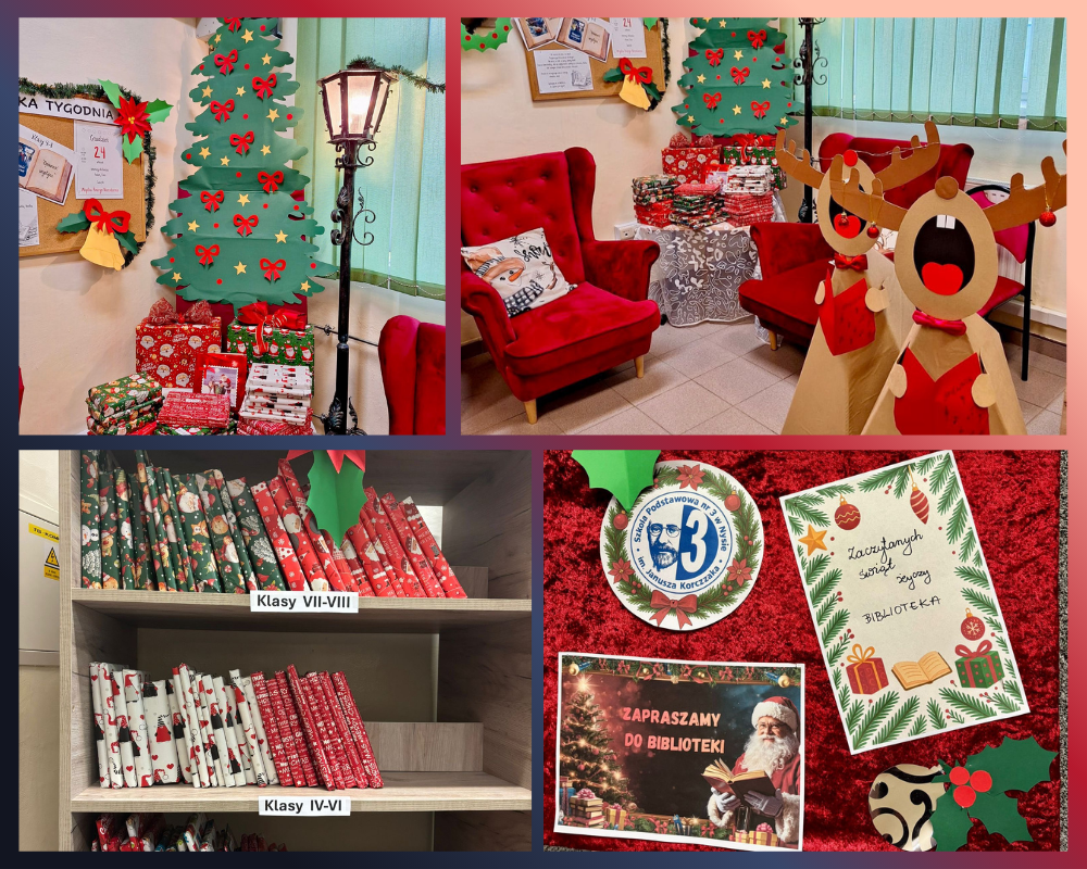 Kolaż zdjęć przedstawiający akcję biblioteki szkolnej zachęcającą do zabrania książki na święta.