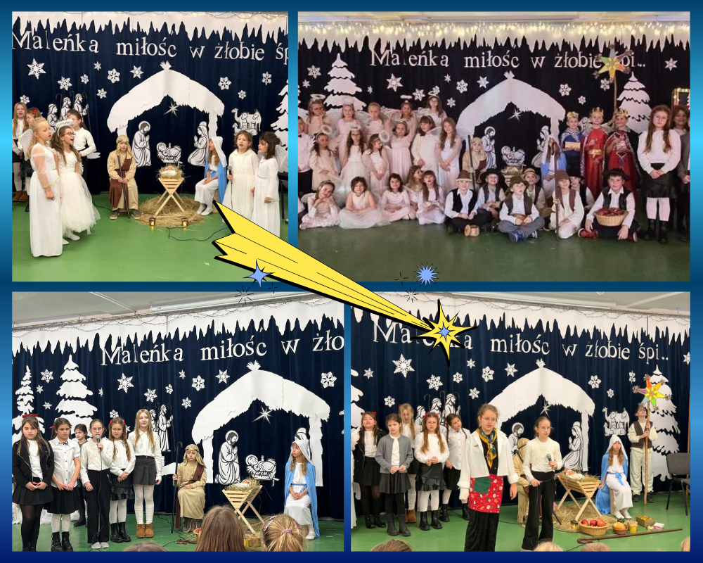 Kolaż zdjęć przedstawiający uczniów podczas szkolnych jasełek.