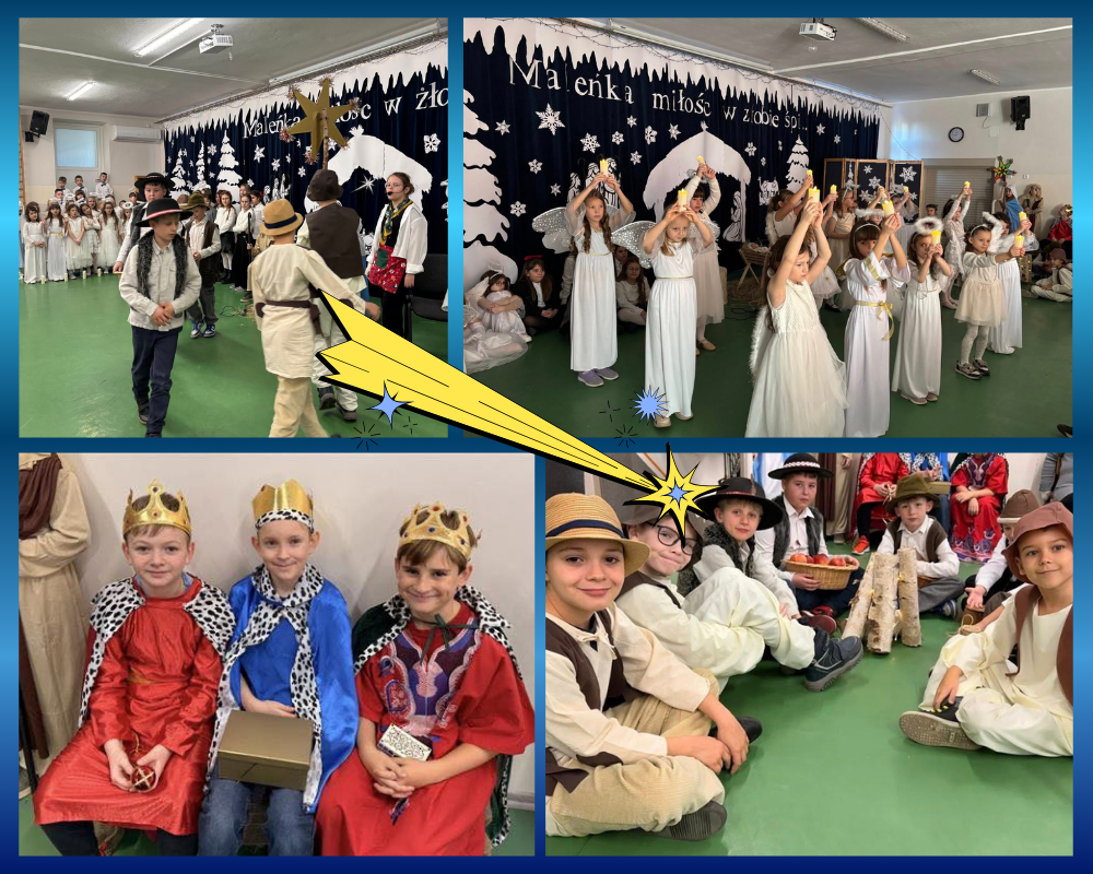 Kolaż zdjęć przedstawiający uczniów podczas szkolnych jasełek.