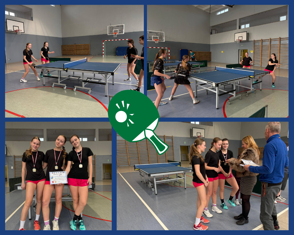 Kolaż zdjęć przedstawiający uczniów z naszej szkoły podczas etapu powiatowego Igrzysk Młodzieży Szkolnej w drużynowym tenisie stołowym dziewcząt.
