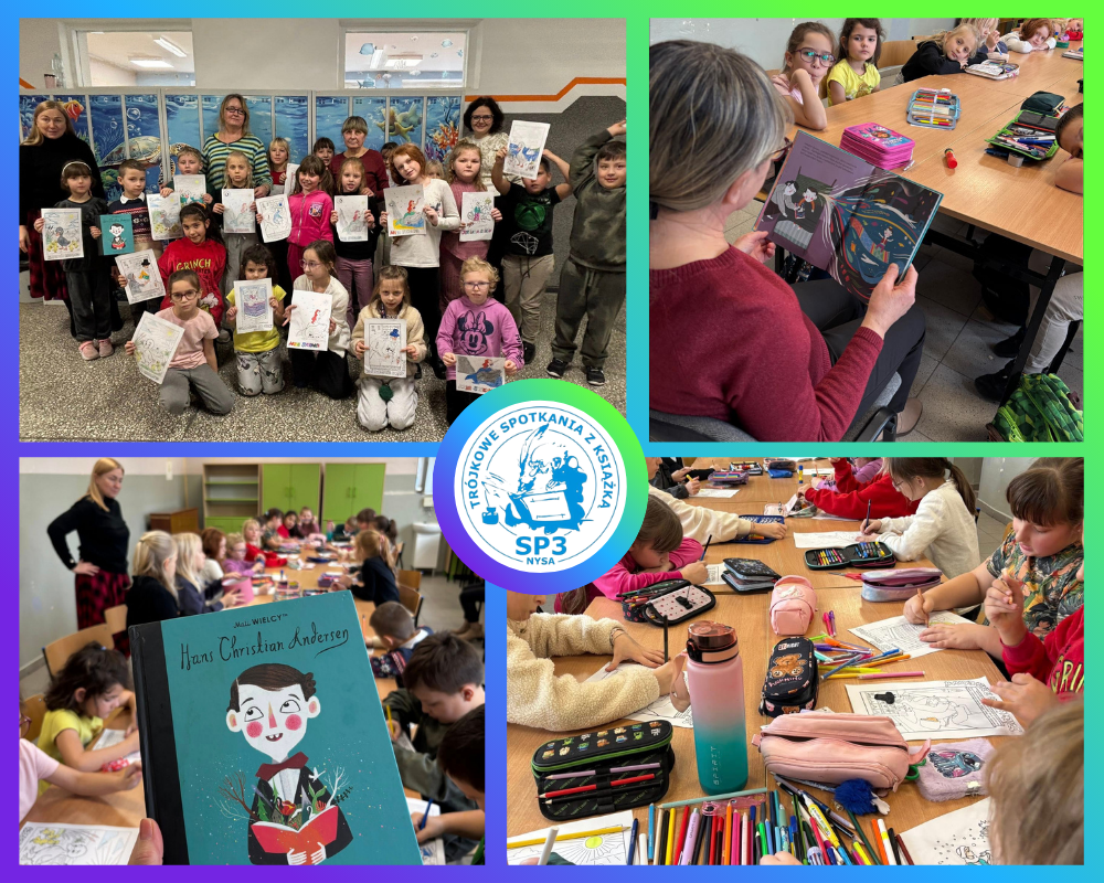 Kolaż zdjęć przedstawiający uczniów podczas Trójkowego spotkania z książką.