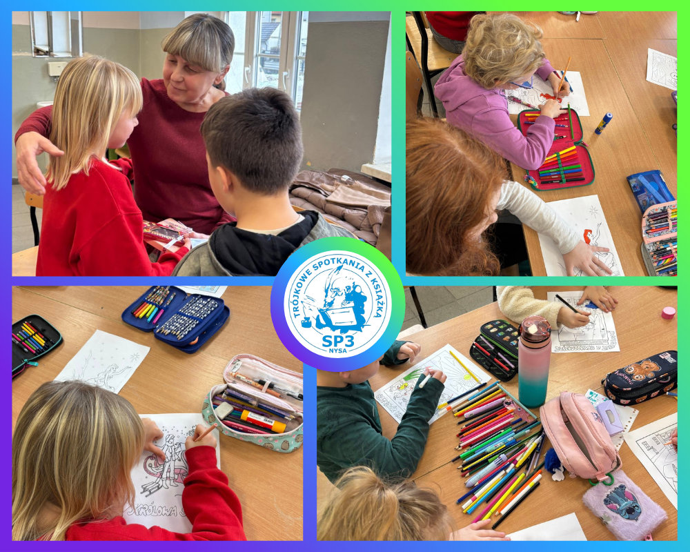 Kolaż zdjęć przedstawiający uczniów podczas Trójkowego spotkania z książką.