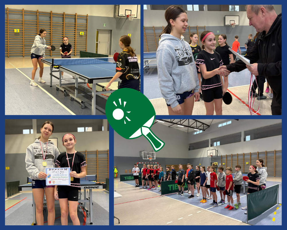 Kolaż zdjęć przedstawiający uczniów z naszej szkoły podczas etapu powiatowego Igrzysk Młodzieży Szkolnej w drużynowym tenisie stołowym dziewcząt.