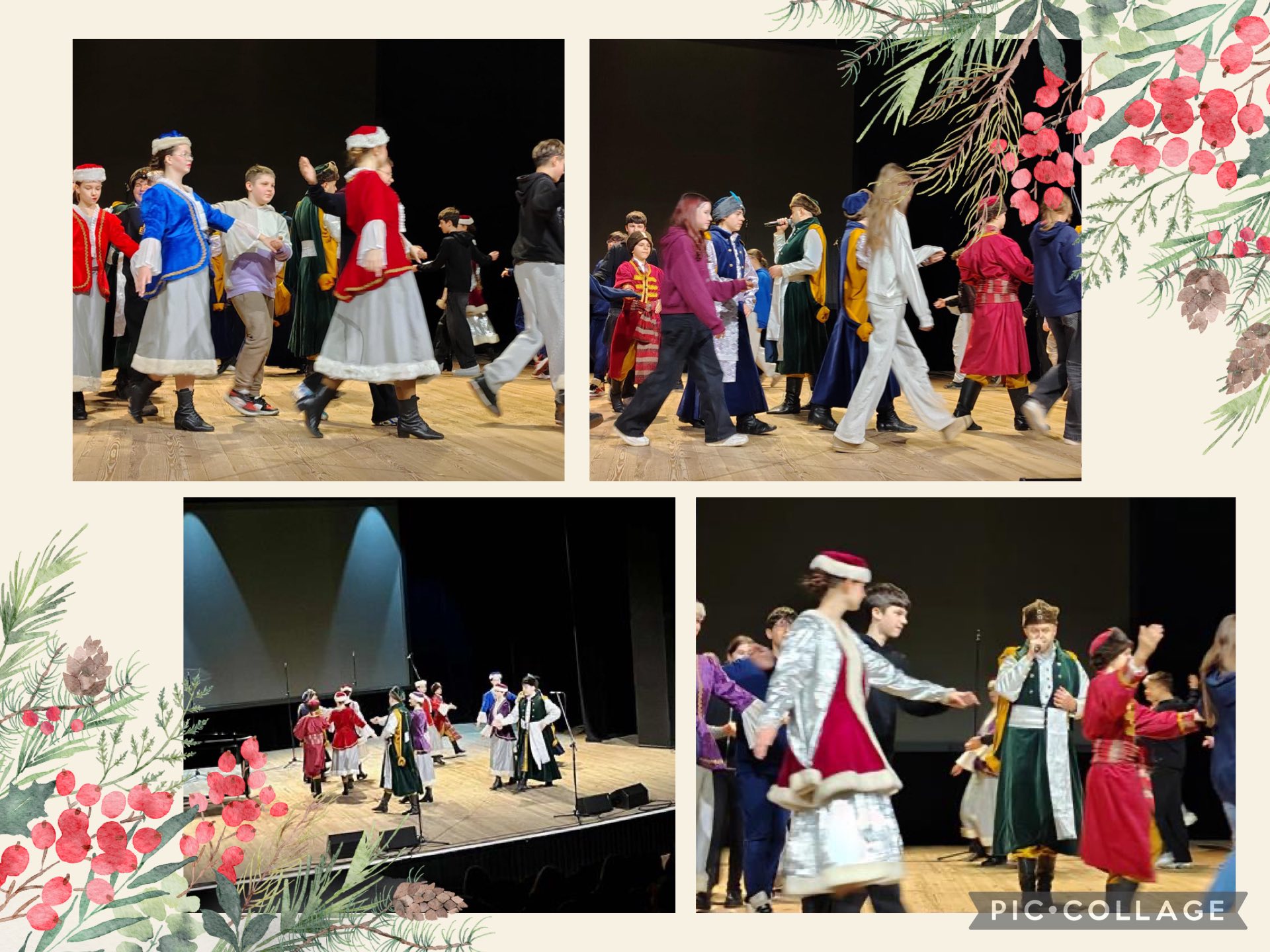Kolaż zdjęć przedstawiający udział naszych uczniów w koncercie pt. „Barwy Polski – Taneczne Dziedzictwo”.