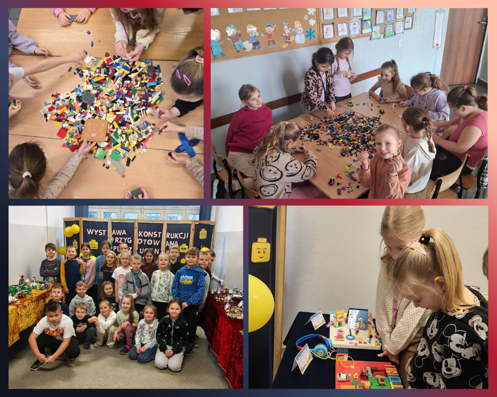 Kolaż zdjęć przedstawiający wystawę konstrukcji z klocków z okazji Dnia Lego.