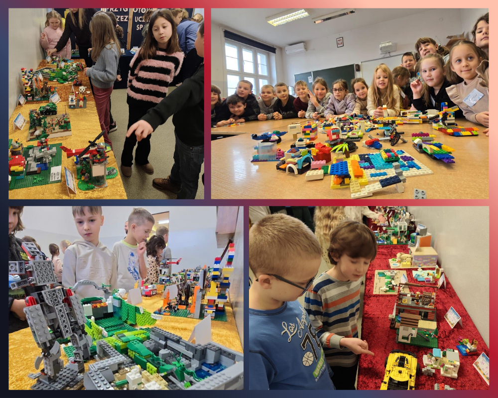 Kolaż zdjęć przedstawiający wystawę konstrukcji z klocków z okazji Dnia Lego.