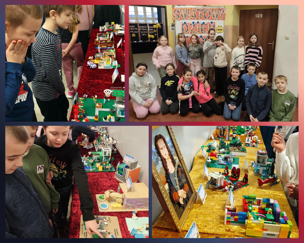 Kolaż zdjęć przedstawiający wystawę konstrukcji z klocków z okazji Dnia Lego.