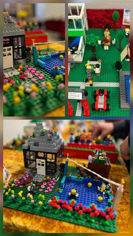 Kolaż zdjęć przedstawiający wystawę konstrukcji z klocków z okazji Dnia Lego.