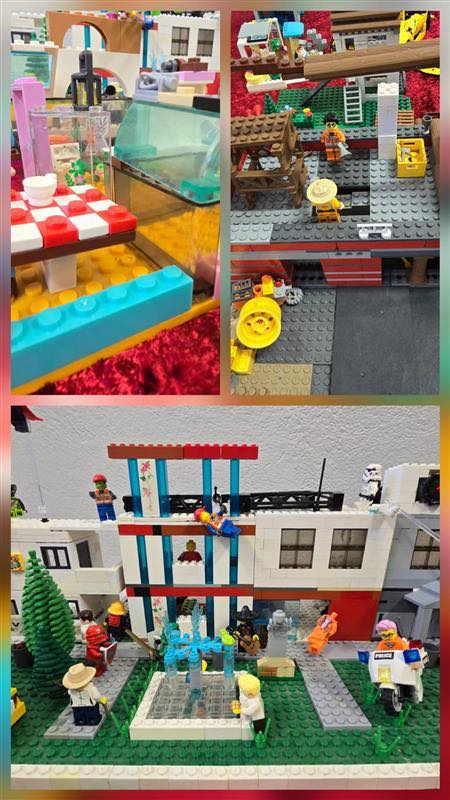 Kolaż zdjęć przedstawiający wystawę konstrukcji z klocków z okazji Dnia Lego.