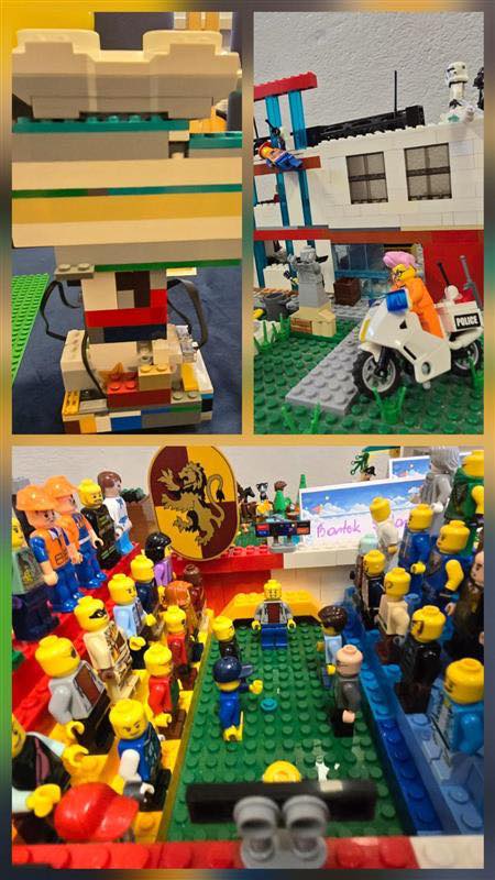 Kolaż zdjęć przedstawiający wystawę konstrukcji z klocków z okazji Dnia Lego.