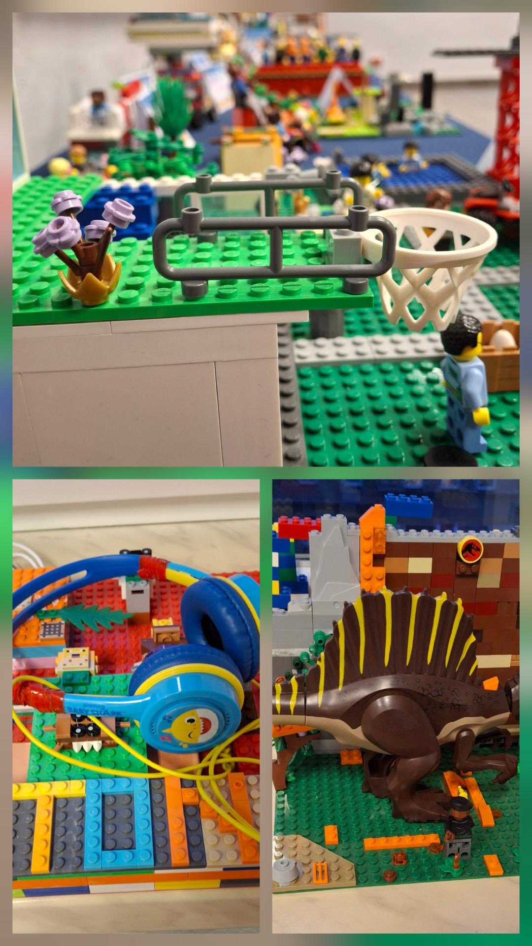 Kolaż zdjęć przedstawiający wystawę konstrukcji z klocków z okazji Dnia Lego.