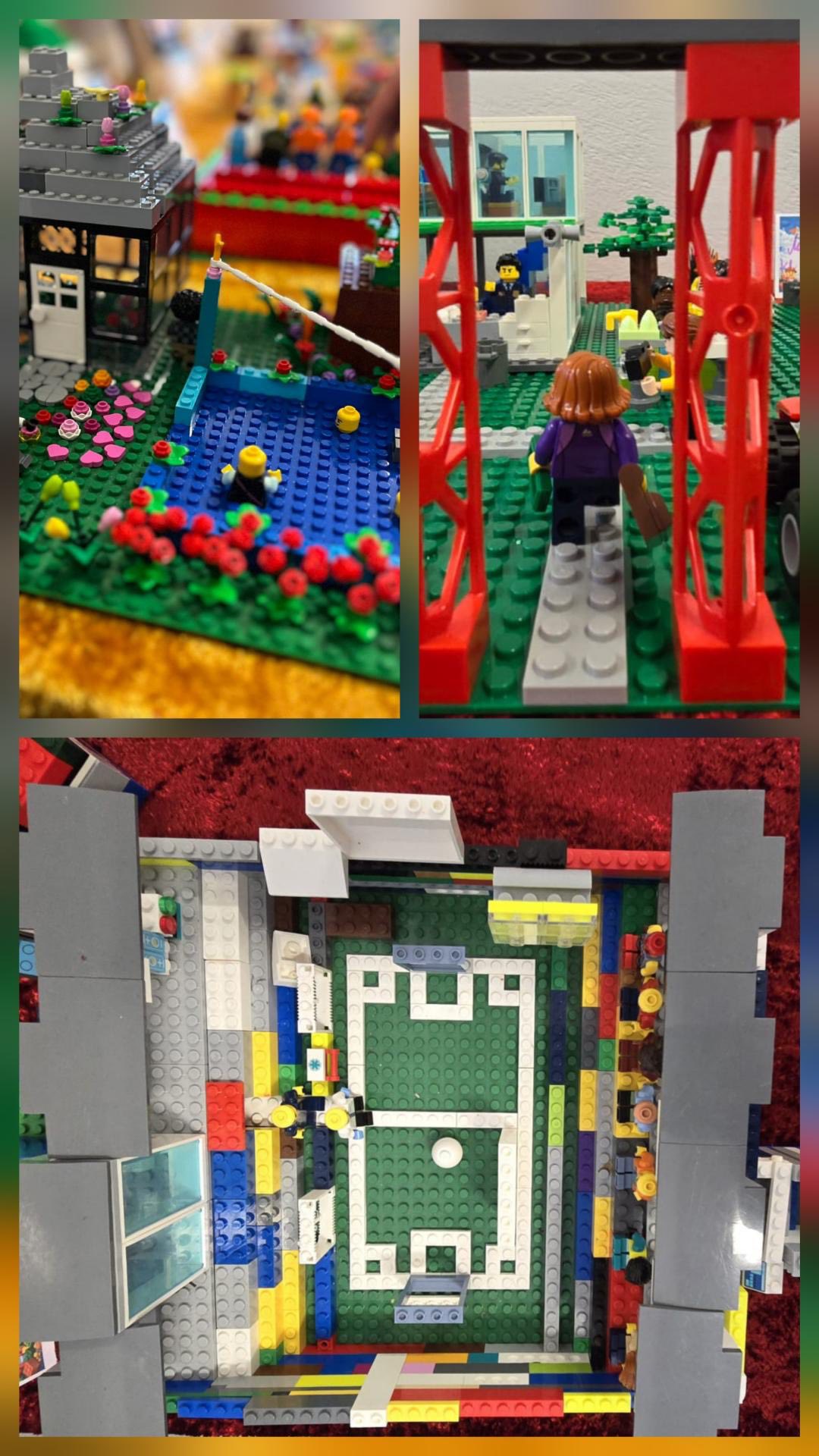 Kolaż zdjęć przedstawiający wystawę konstrukcji z klocków z okazji Dnia Lego.