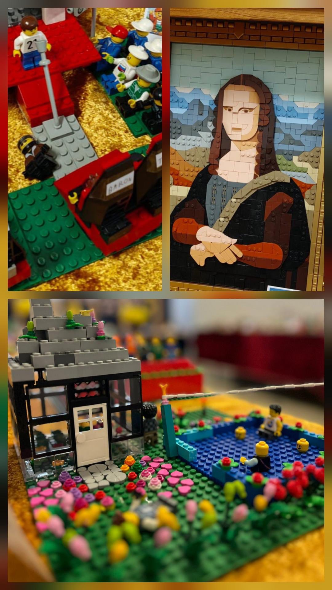 Kolaż zdjęć przedstawiający wystawę konstrukcji z klocków z okazji Dnia Lego.