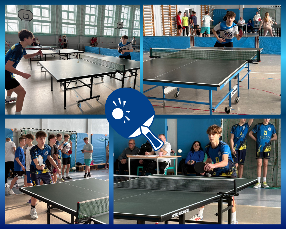 Kolaż zdjęć przedstawiający udział uczniów w Igrzyskach Młodzieży Szkolnej.