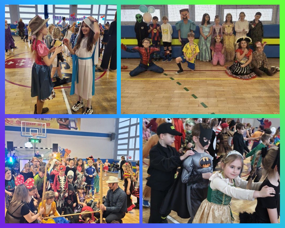 Kolaż zdjęć przedstawiający udział uczniów klas 1-3 w balu karnawałowym.