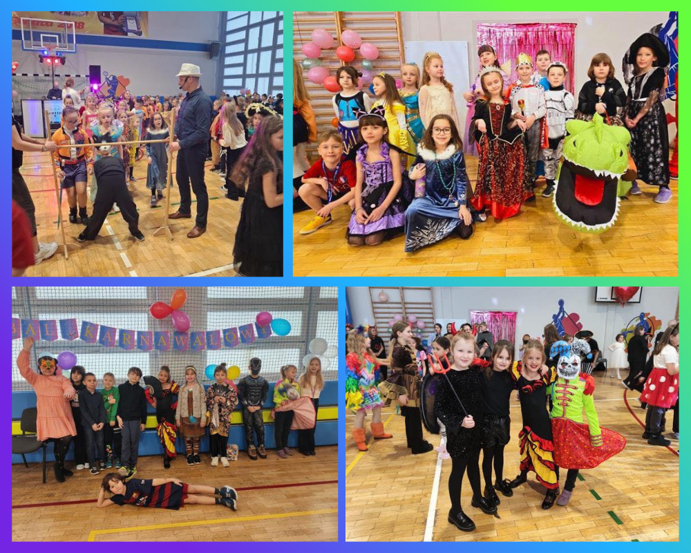 Kolaż zdjęć przedstawiający udział uczniów klas 1-3 w balu karnawałowym.