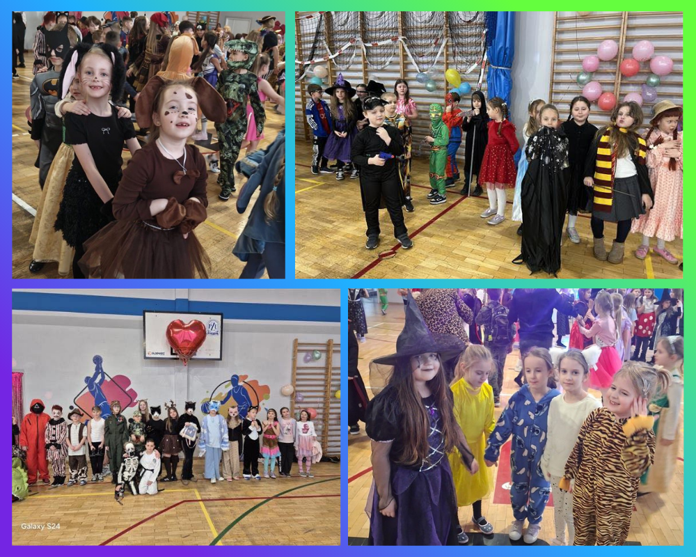 Kolaż zdjęć przedstawiający udział uczniów klas 1-3 w balu karnawałowym.