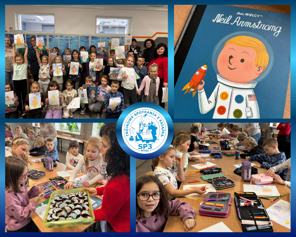 Kolaż zdjęć przedstawiający udział uczniów w Trójkowym Spotkaniu z Książką.