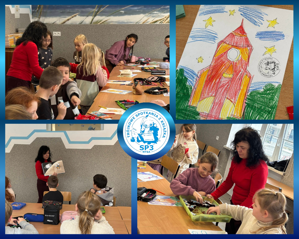 Kolaż zdjęć przedstawiający udział uczniów w Trójkowym Spotkaniu z Książką.