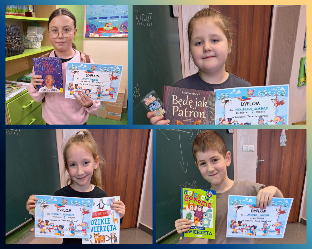 Kolaż zdjęć przedstawiający uczniów wyróżnionych podczas konkursu "ferie bez ekranu".