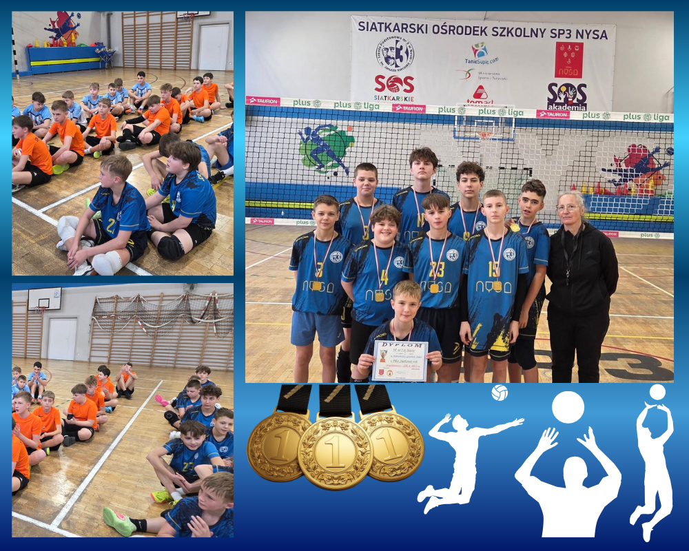 Kolaż zdjęć przedstawiający uczniów w Igrzyskach Dzieci w siatkówce chłopców.