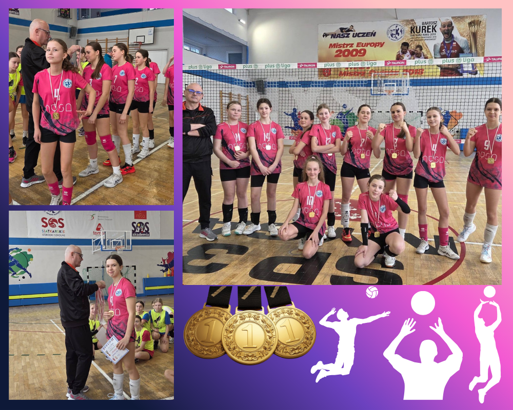 Kolaż zdjęć przedstawiający uczniów w Igrzyskach Dzieci w siatkówce dziewcząt.