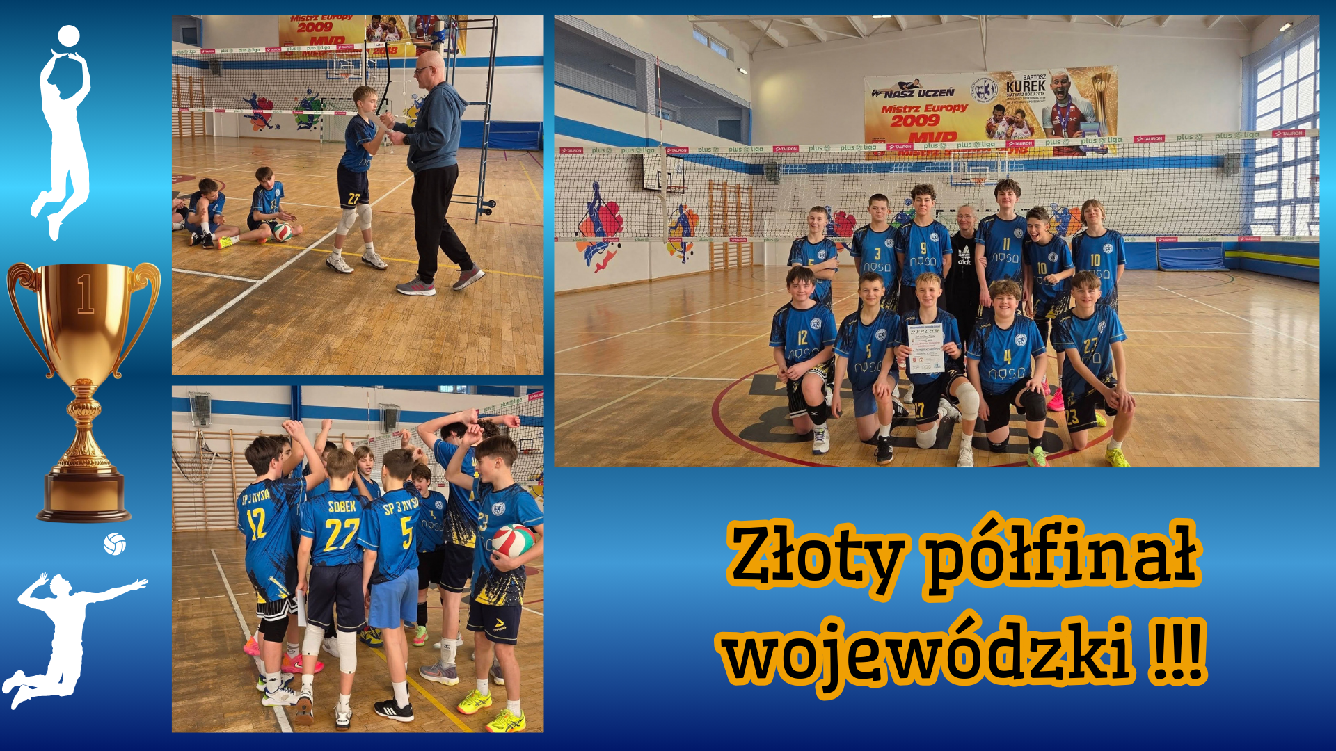 Kolaż zdjęć przedstawiający uczniów podczas wygranego półfinału wojewódzkiego siatkówce chłopców.