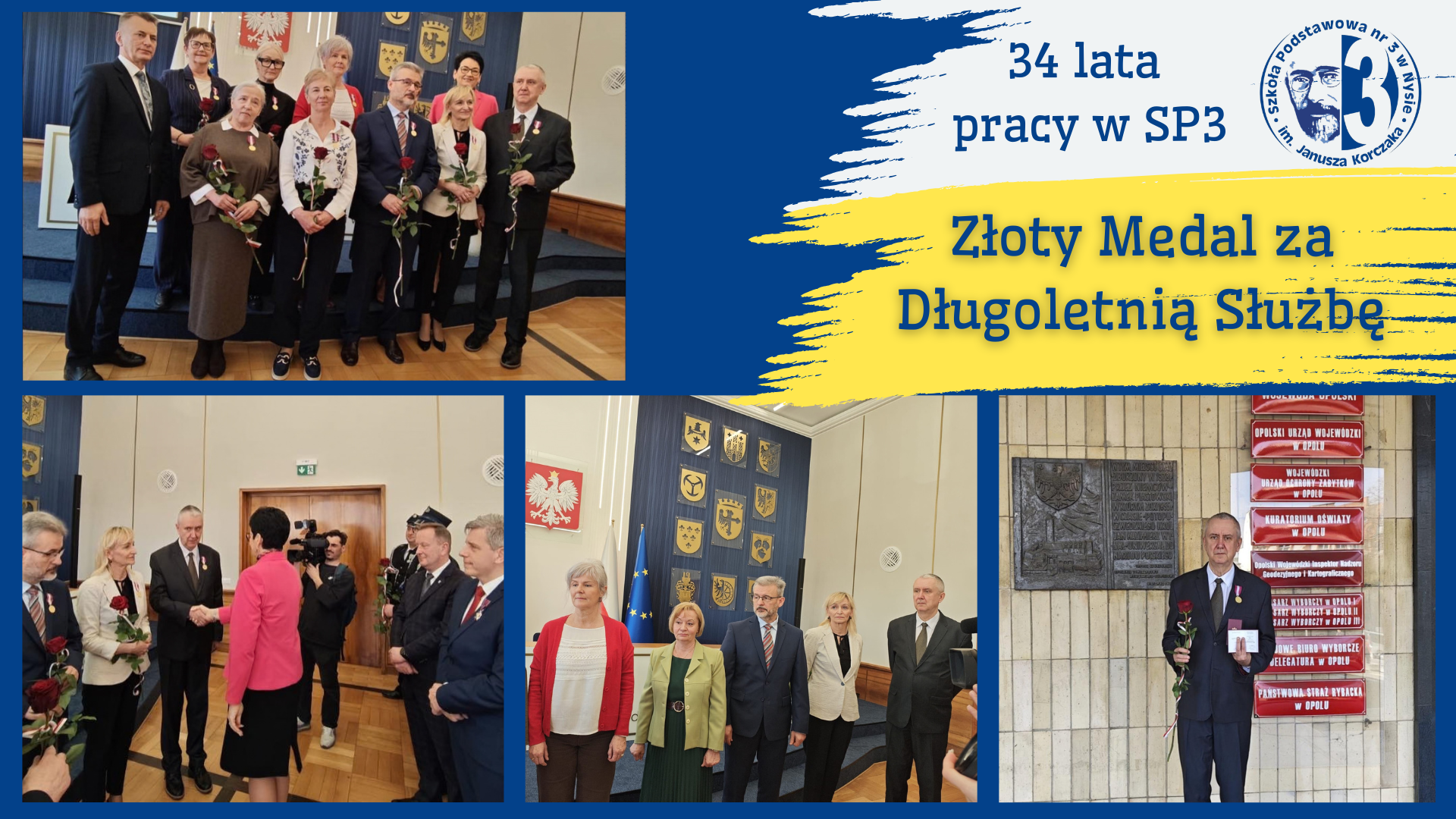 Kolaż zdjęć przedstawiający nauczyciela, pana Krzysztofa Wilka, ze Złotym Medalem za Długoletnią Służbę.