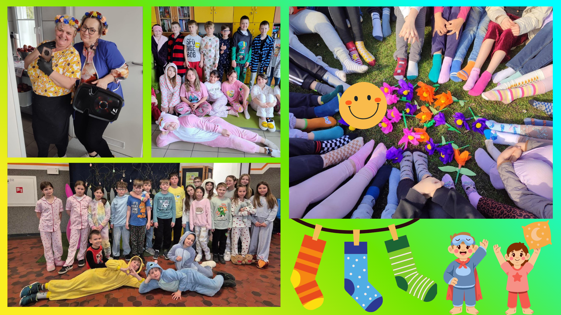 Kolaż zdjęć przedstawiający uczniów podczas Dnia Kolorowej Skarpety i Dnia Śpiocha.