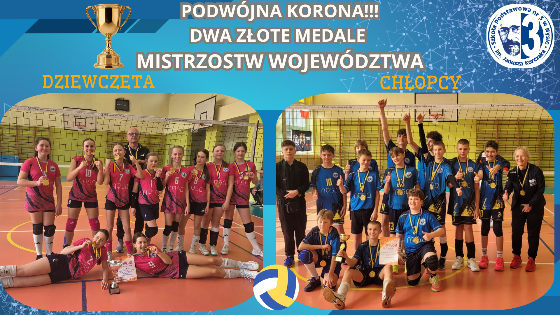 Kolaż zdjęć przedstawiający uczniów (dziewczęta i chłopców) podczas wygranego MISTRZOSTWA WOJEWÓDZTWA w minisiatkówce.