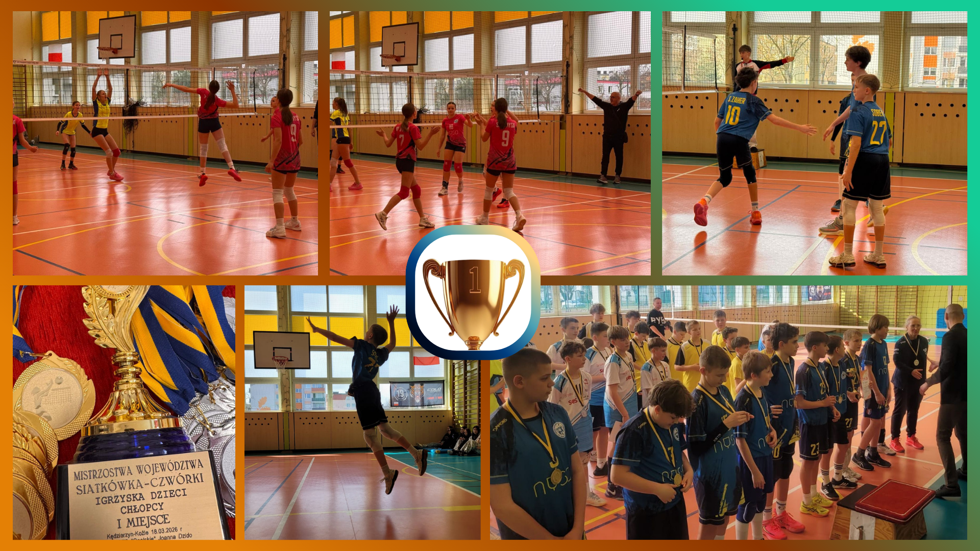 Kolaż zdjęć przedstawiający uczniów (dziewczęta i chłopców) podczas wygranego MISTRZOSTWA WOJEWÓDZTWA w minisiatkówce.
