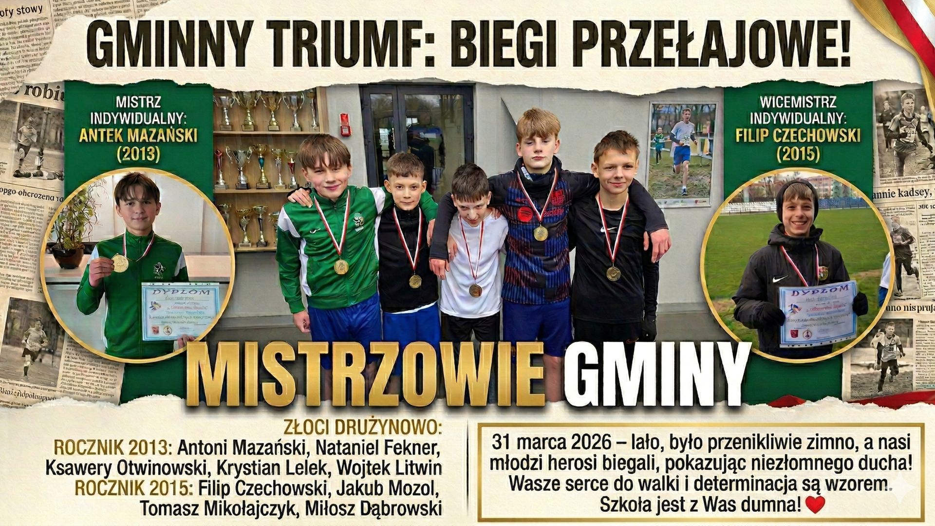 Kolaż zdjęć przedstawiający uczniów podczas wygranych biegów przełajowych.