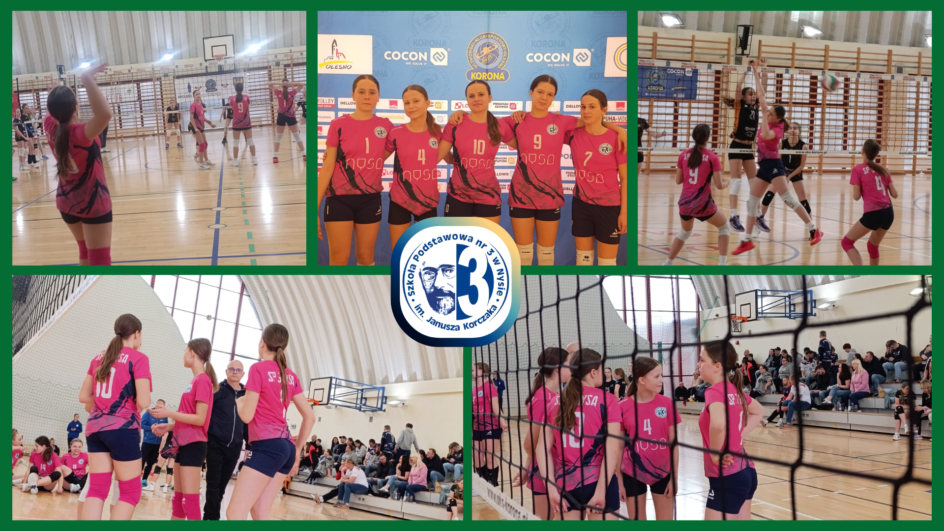 Kolaż zdjęć przedstawiający dziewczęta podczas MISTRZOSTW WOJEWÓDZTWA w minisiatkówce.