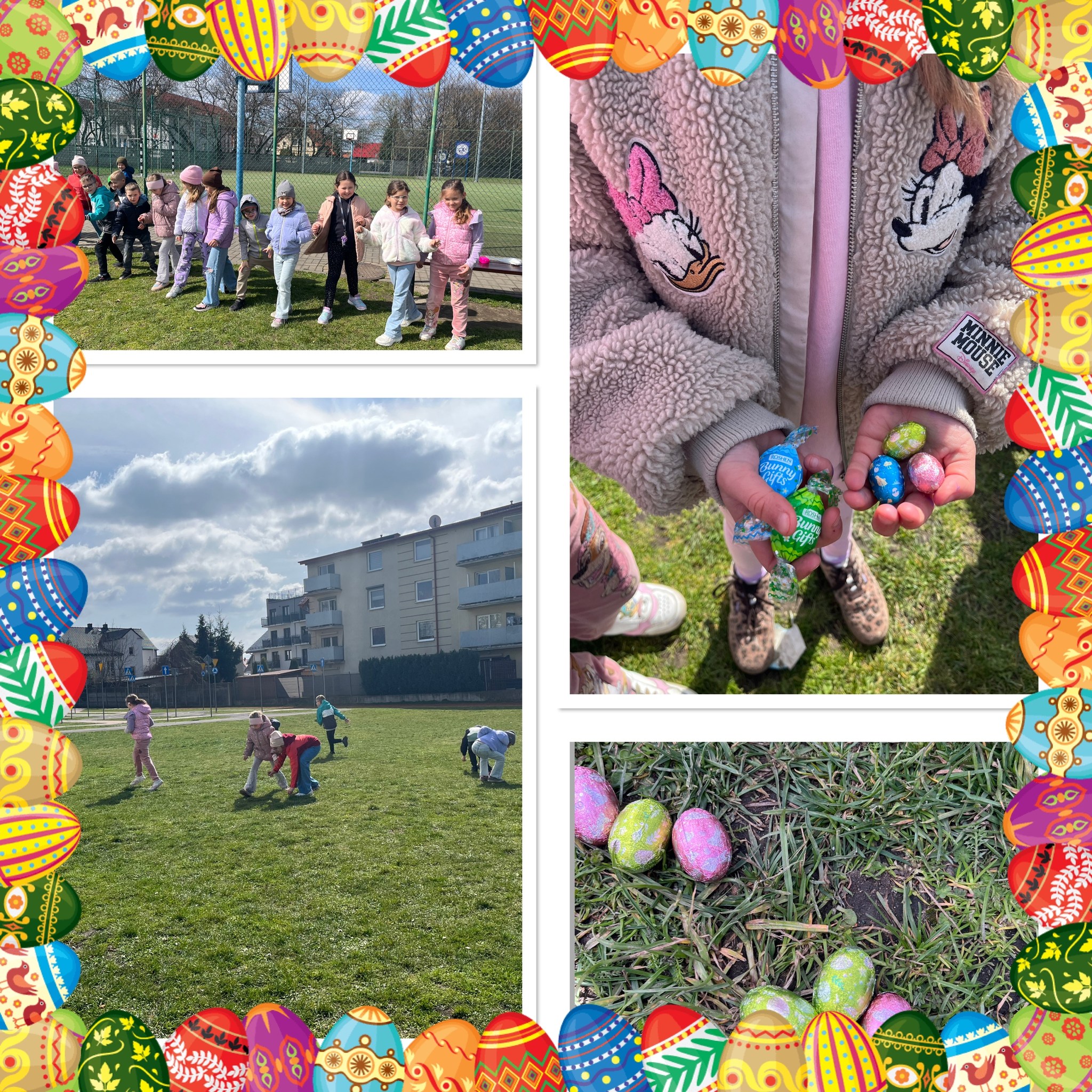 Kolaż zdjęć przedstawiający uczniów SP3 podczas przygotowań do świąt Wielkanocnych.