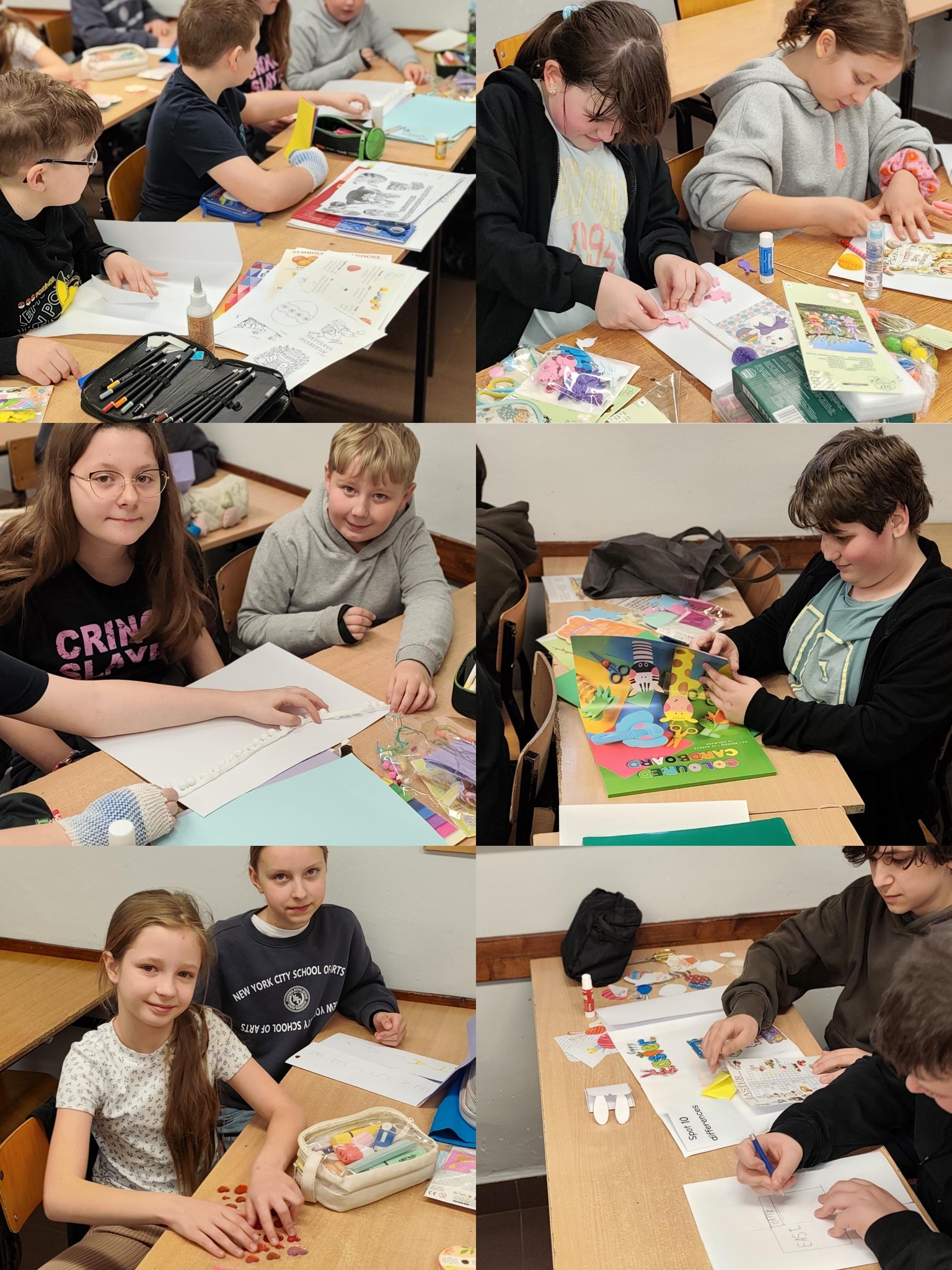 Kolaż zdjęć przedstawiający uczniów SP3 podczas przygotowań do świąt Wielkanocnych.