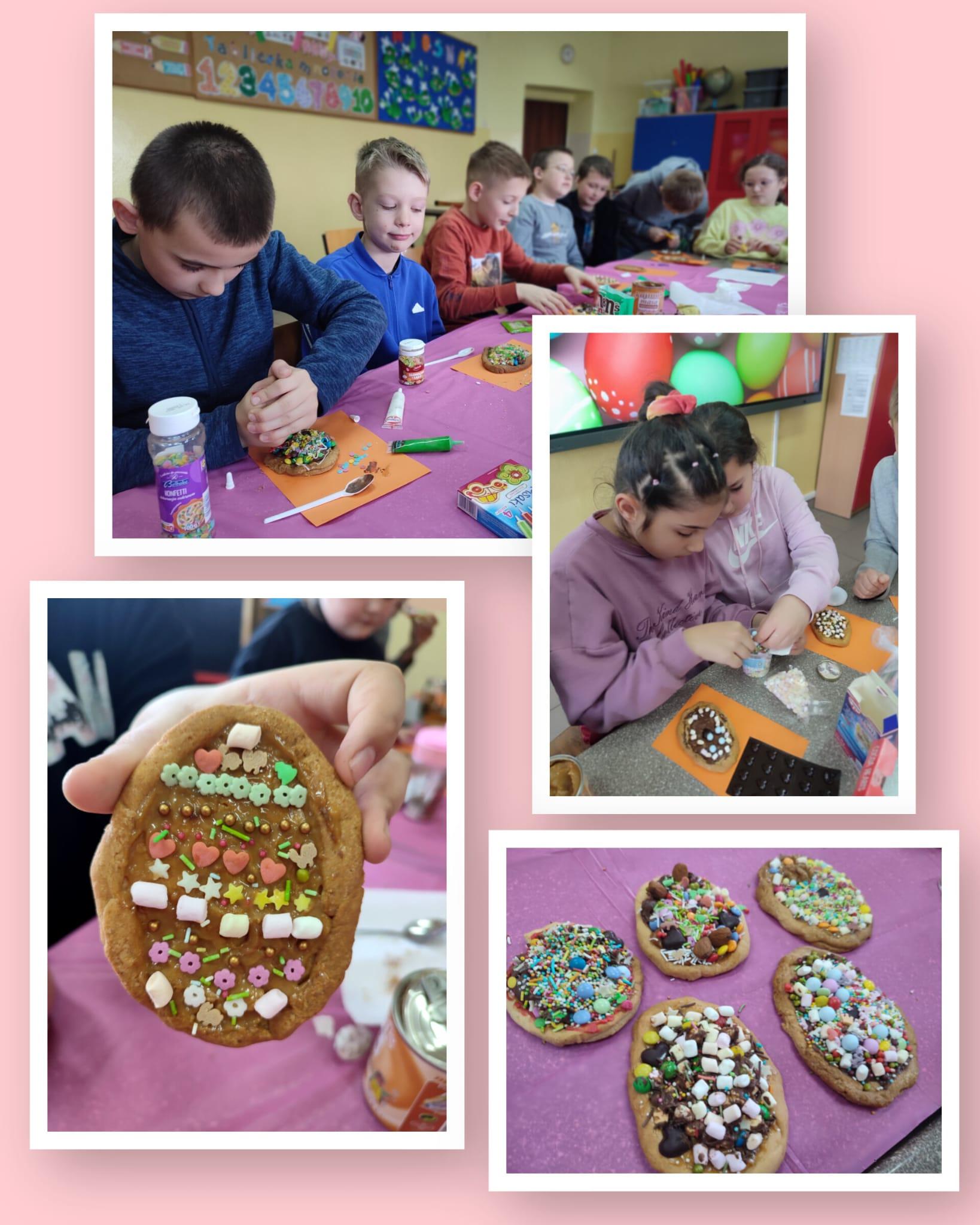 Kolaż zdjęć przedstawiający uczniów SP3 podczas przygotowań do świąt Wielkanocnych.