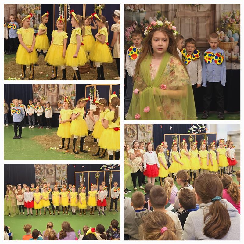 Kolaż zdjęć przedstawiający uczniów SP3 podczas przygotowań do świąt Wielkanocnych.