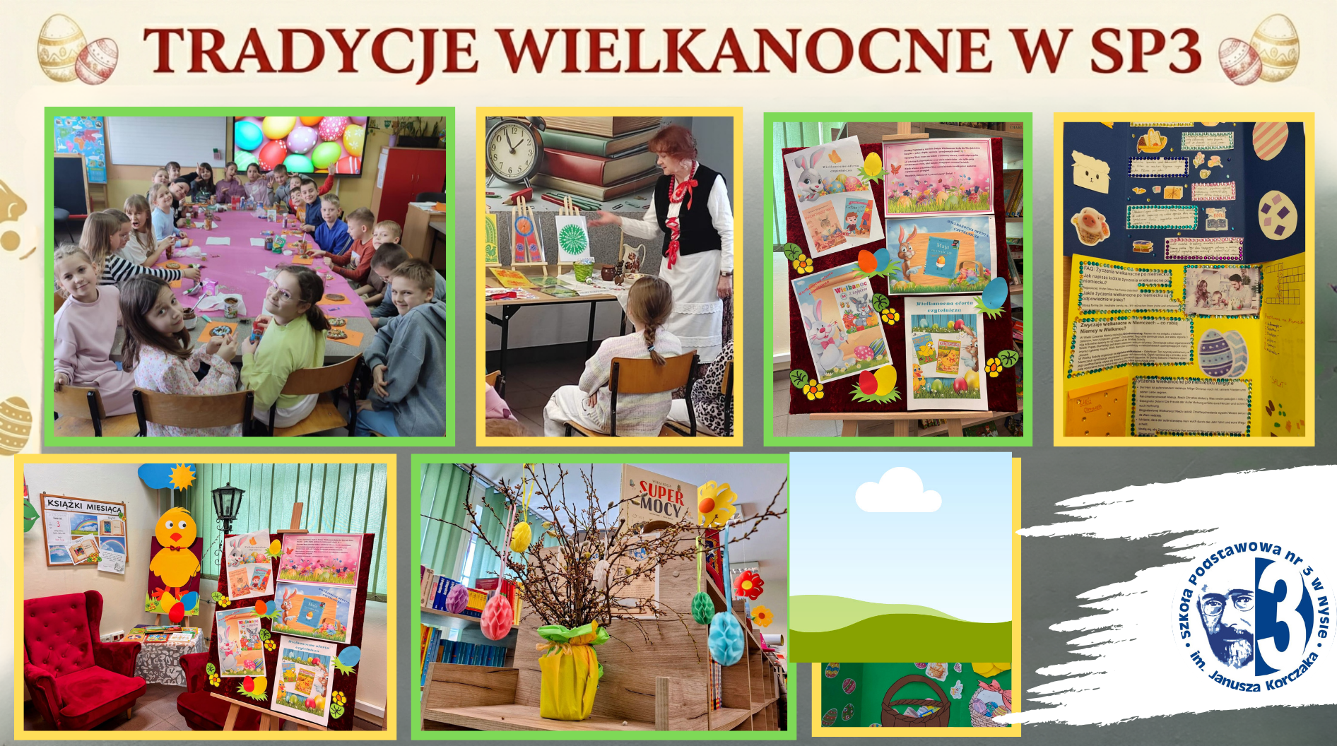 Kolaż zdjęć przedstawiający uczniów SP3 podczas przygotowań do świąt Wielkanocnych.