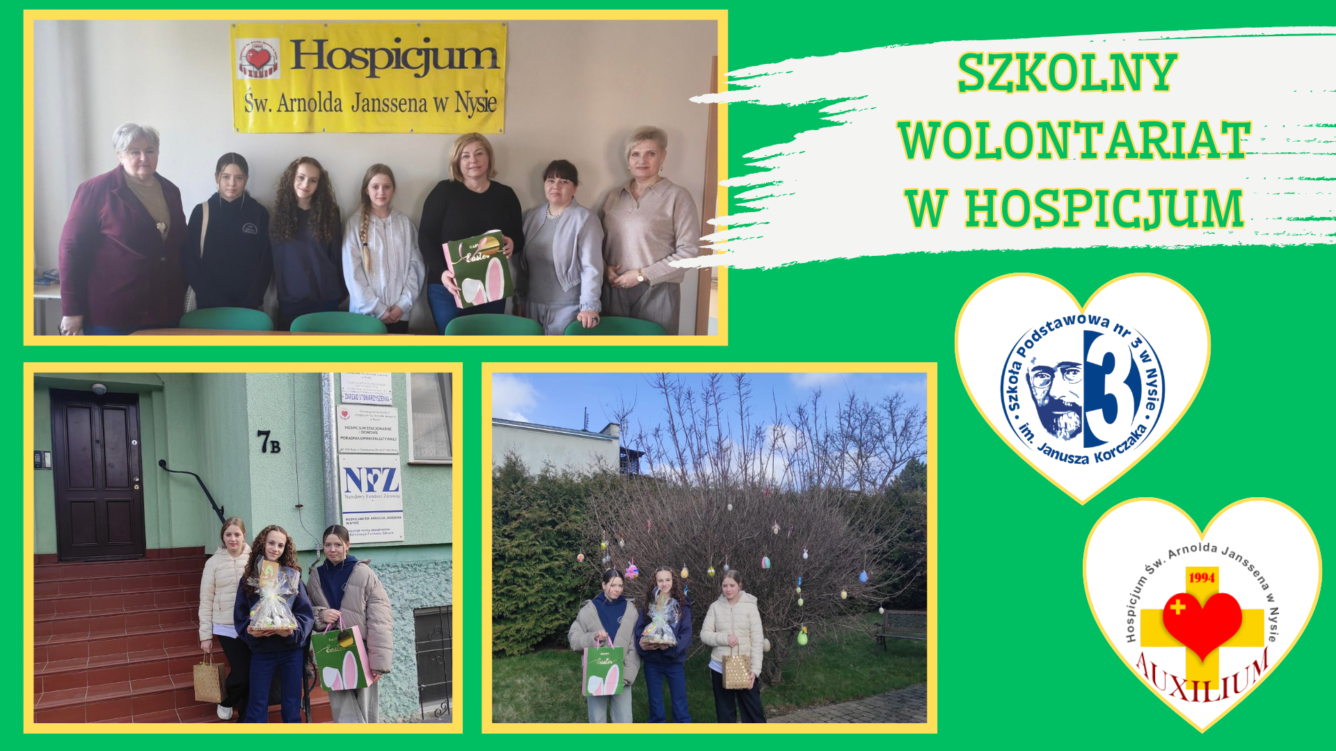 Kolaż zdjęć przedstawiający wolontariuszy z naszej szkoły podczas wizyty w hospicjum.