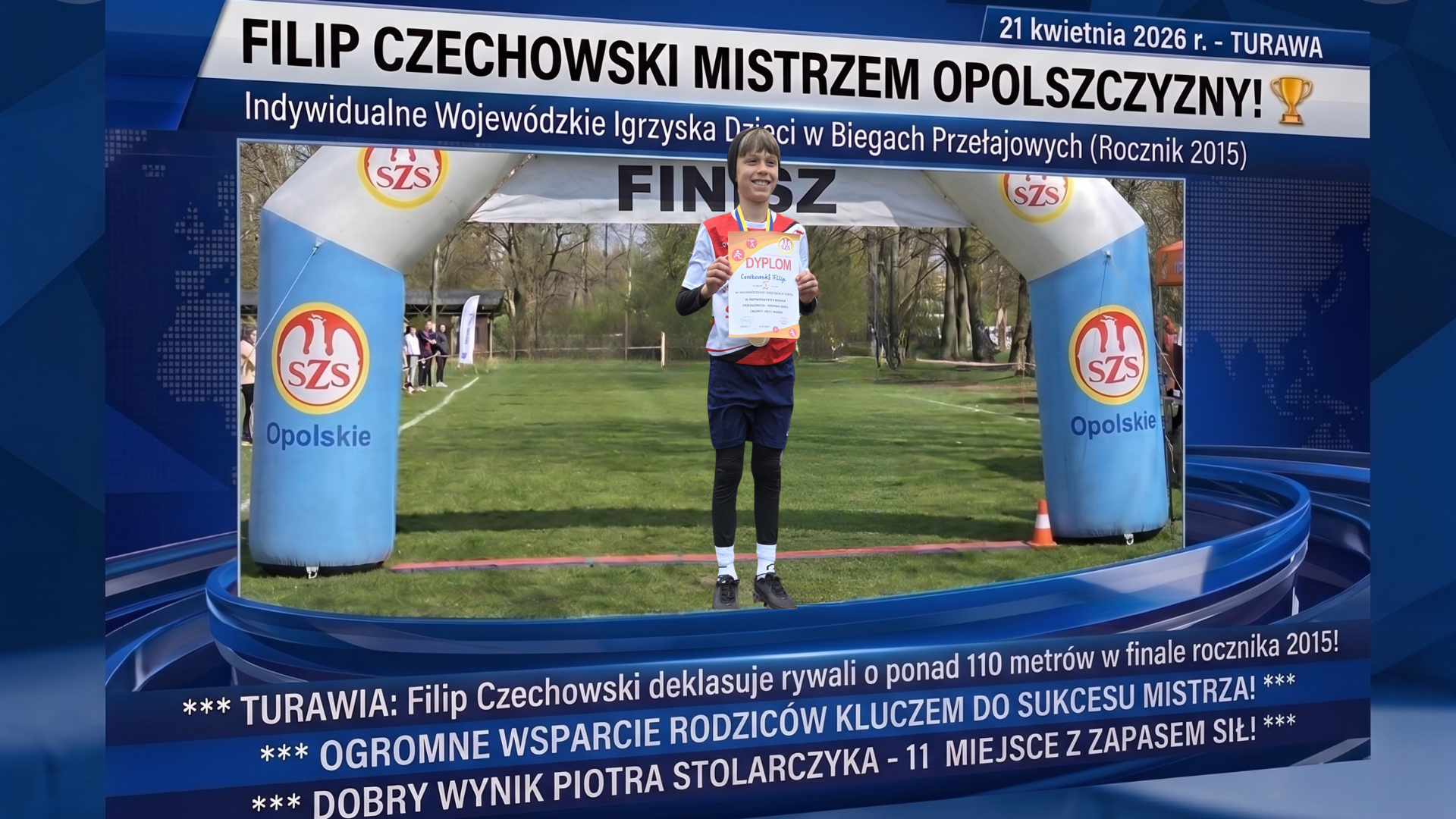 Kolaż zdjęć przedstawiający Filipa Czechowskiego podczas wygranych mistrzostw województwa w biegach przełajowych.