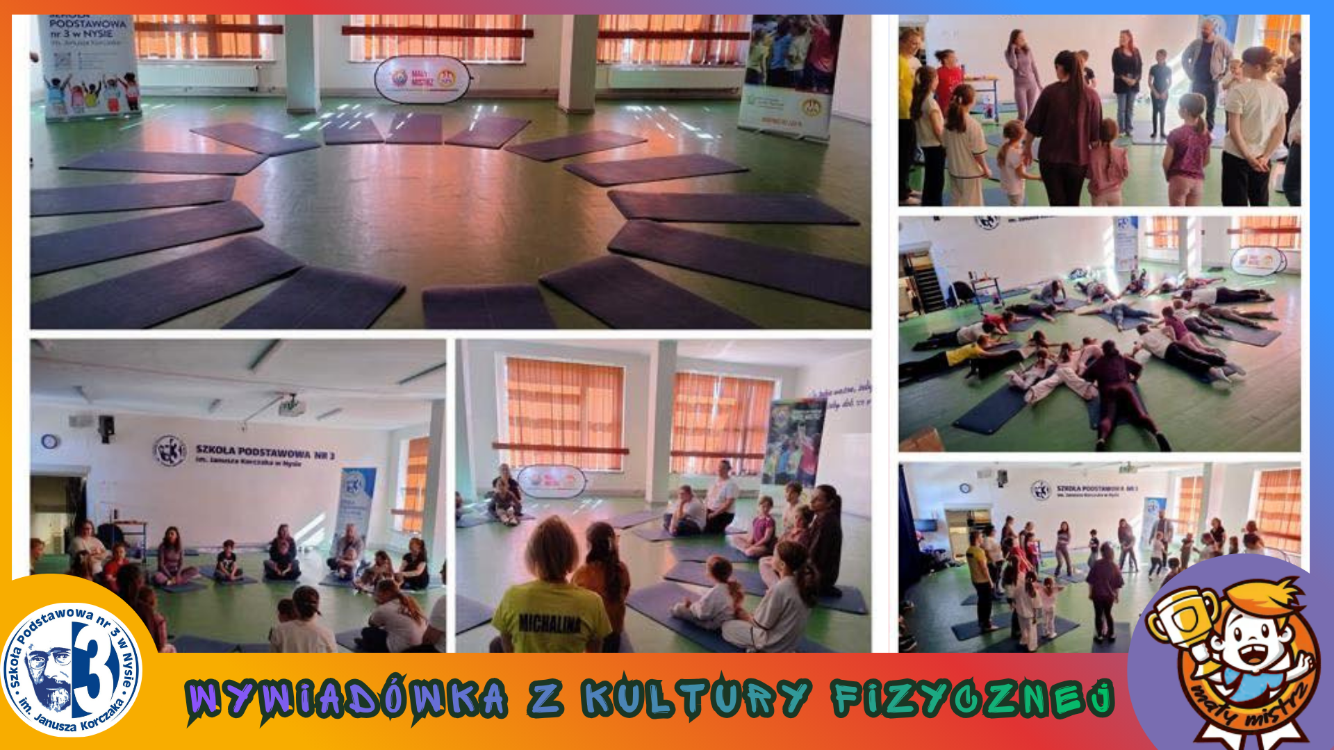 Kolaż zdjęć przedstawiający uczniów, rodziców i nauczycieli podczas sportowej wywiadówki.