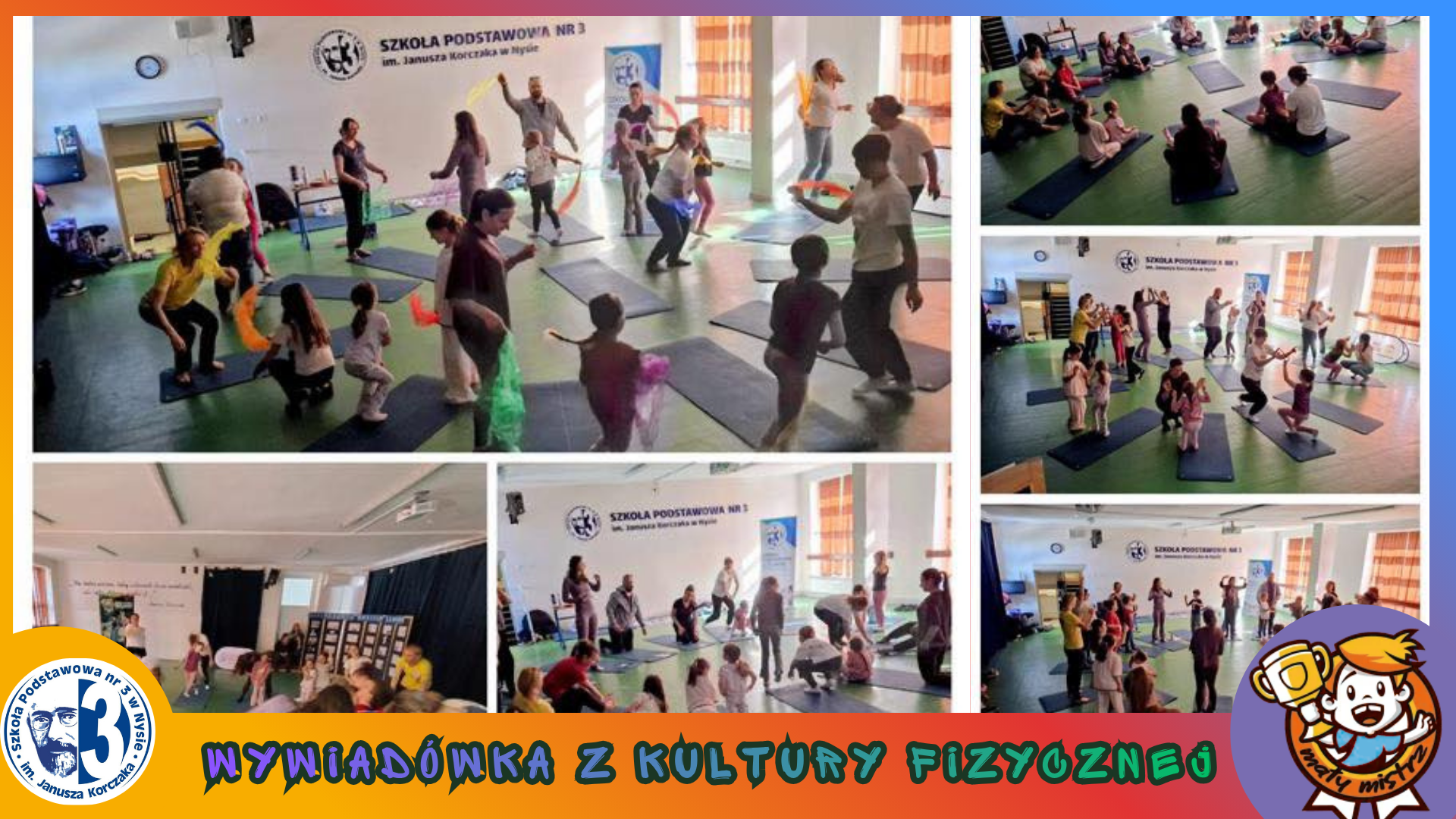 Kolaż zdjęć przedstawiający uczniów, rodziców i nauczycieli podczas sportowej wywiadówki.