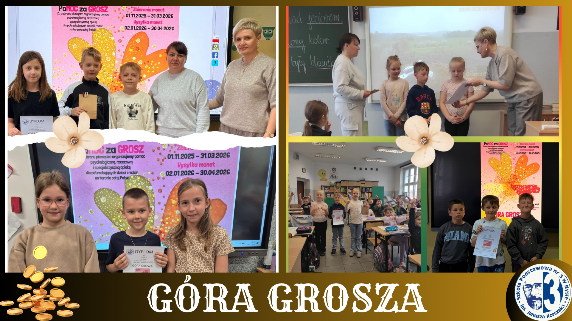 Kolaż zdjęć przedstawiający uczniów podczas finału akcji "Góra grosza".
