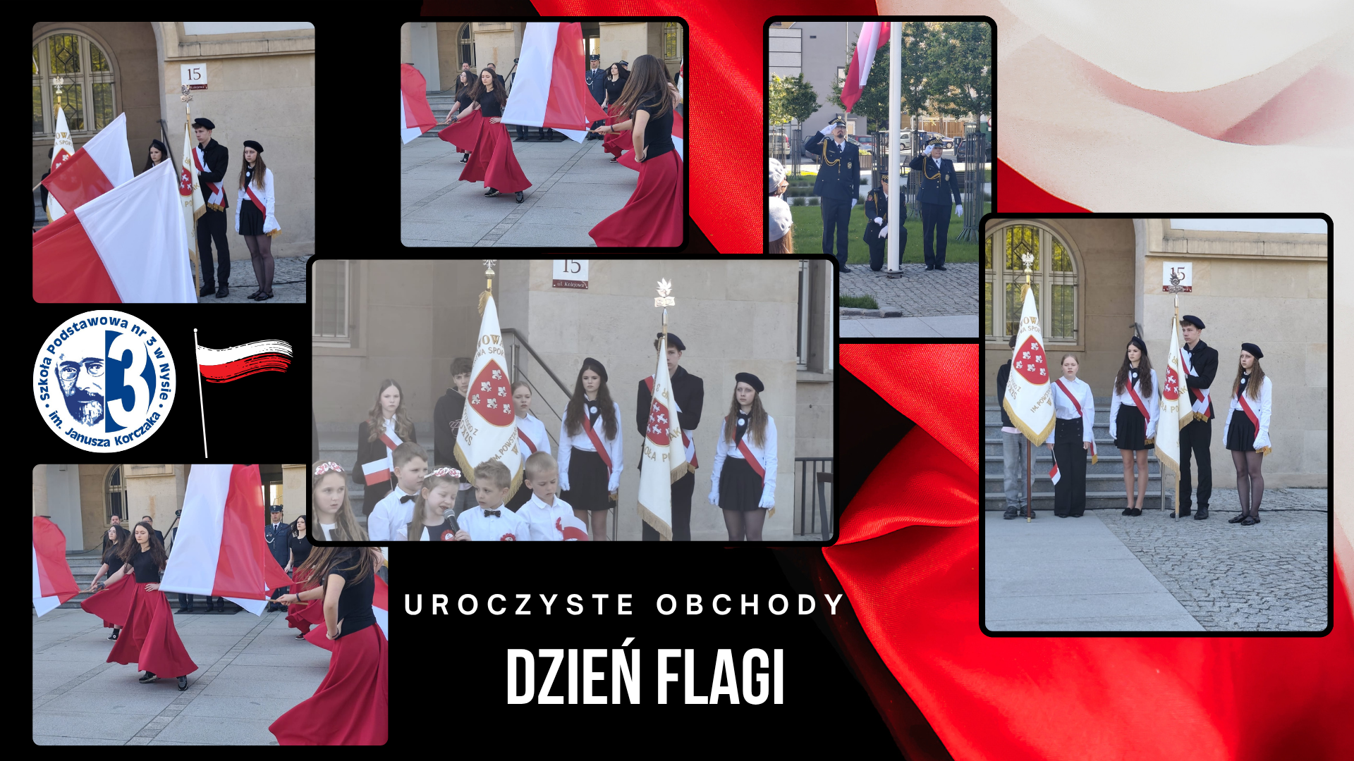 Kolaż zdjęć przedstawiający uczniów i poczet sztandarowy podczas miejskich obchodów świat majowych.